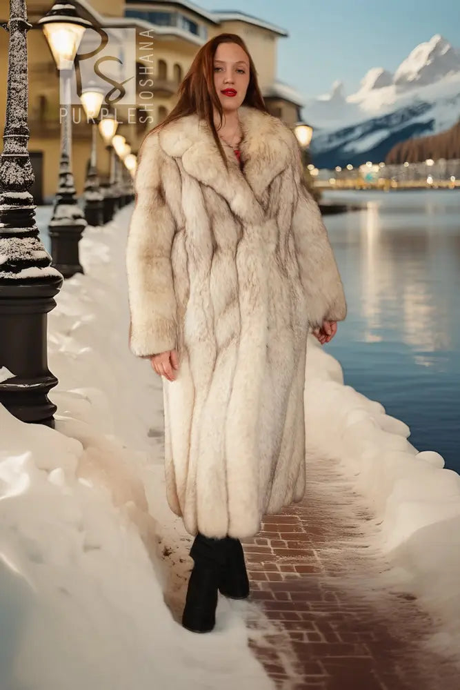 Cream plush fox fur long coat with notch collar, full-body view in snow
