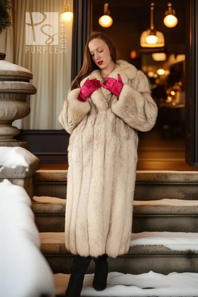 Cream plush fox fur full-length coat with notch collar, front view with folded hands