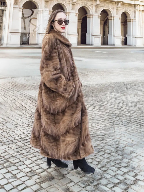 Long mink section coat with standing collar and button front, dark espresso-brown