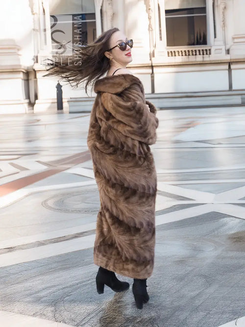 Espresso brown mink section coat with hood and long swing hem, full-length