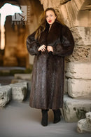 Long beaver fur coat in dark brown with high statement collar and button-front closure