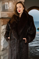 Dark espresso brown fur coat with wide collar and long sleeves, front button placket