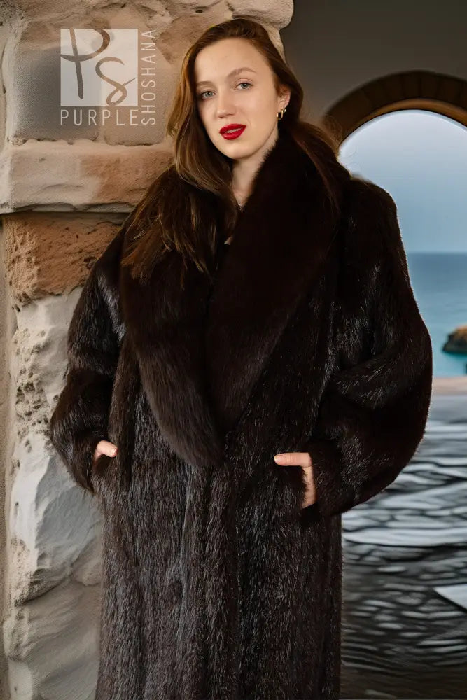 "Espresso Palazzo" — Long Haired Beaver Fur Coat with a Statement Fox Collar