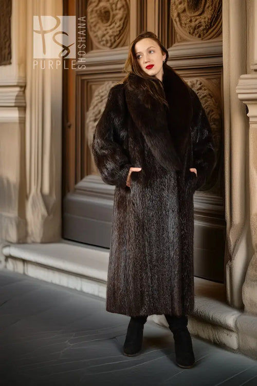 Long haired beaver fur coat, full-length in dark espresso brown, relaxed fit