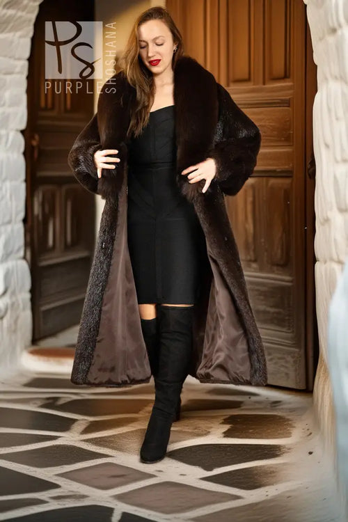 Long haired beaver fur coat with statement fox collar, open front and flared hem