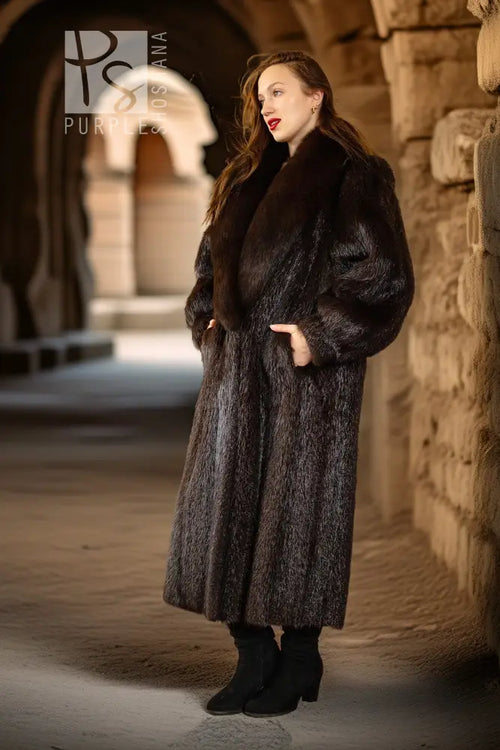Dark espresso brown beaver fur coat with textured fur panels and stand collar