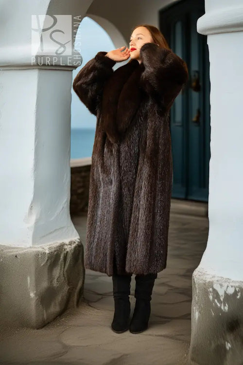 Long beaver fur coat with high fox-fur collar, arms raised in an upright stance