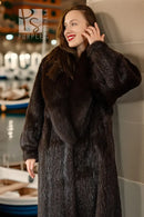 "Espresso Palazzo" beaver fur coat with fox collar, dark brown, buttonless front