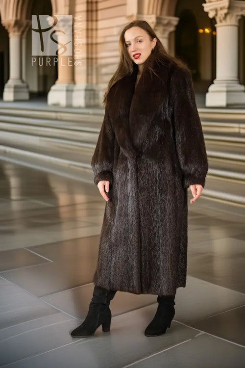 Dark brown long fur coat with stand collar, roomy sleeves, and straight hem