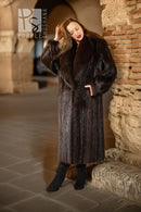 Long haired fur coat in dark espresso brown with deep collar opening and two front pockets