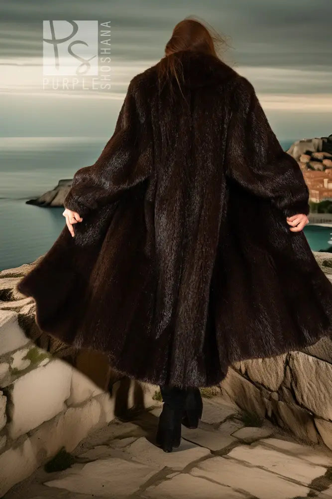 Long beaver fur coat from back view with full skirt flare and wide sleeves