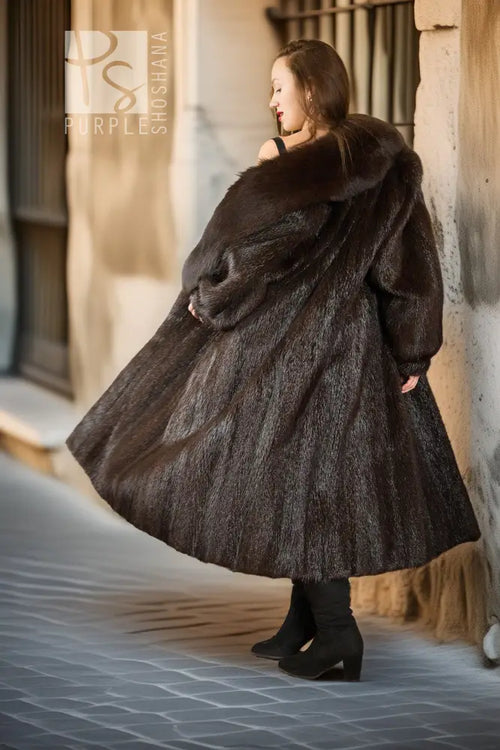 "Espresso Palazzo" long-haired beaver fur coat, back/side view, dark brown