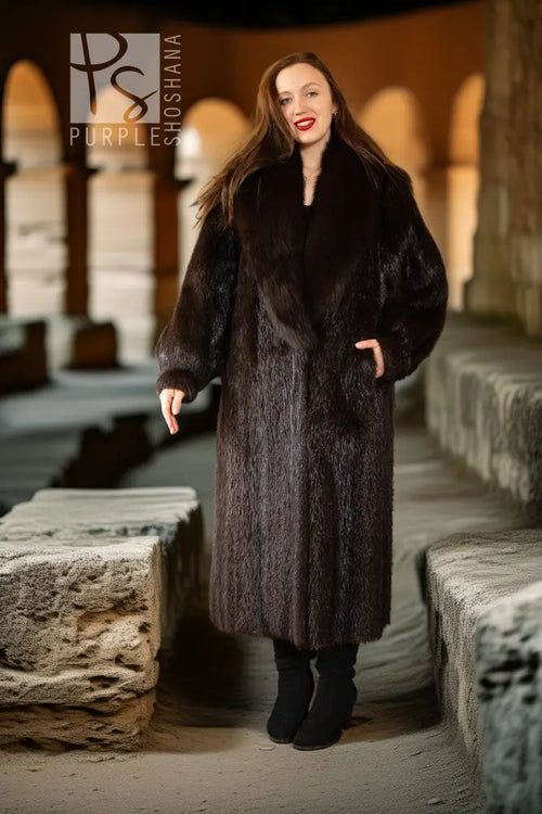 Full-length beaver fur coat in dark brown with oversized collar and rounded cuffs