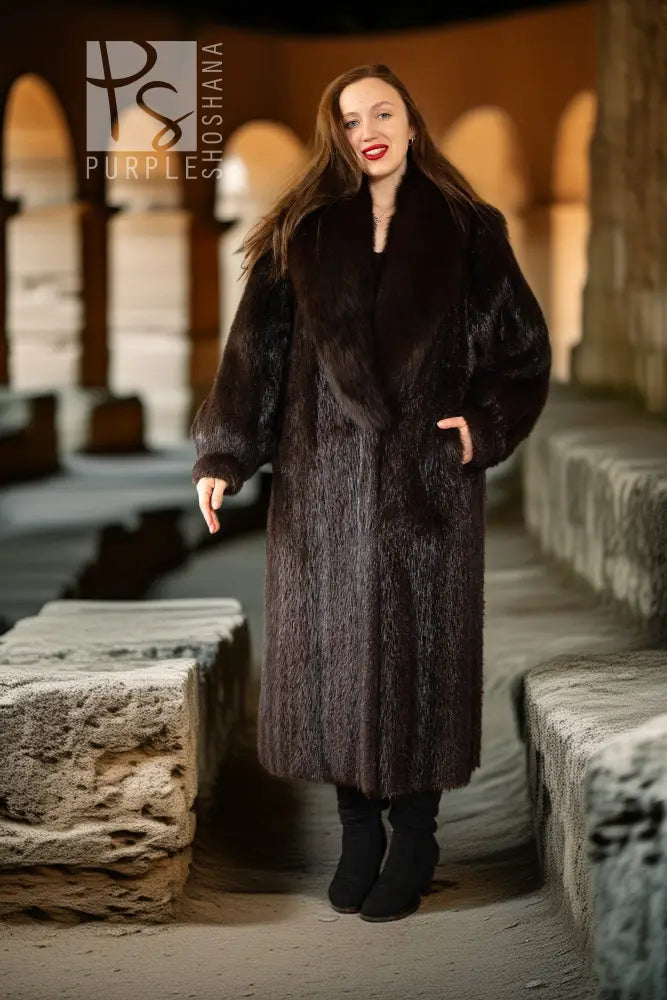 Full-length beaver fur coat in dark brown with oversized collar and rounded cuffs