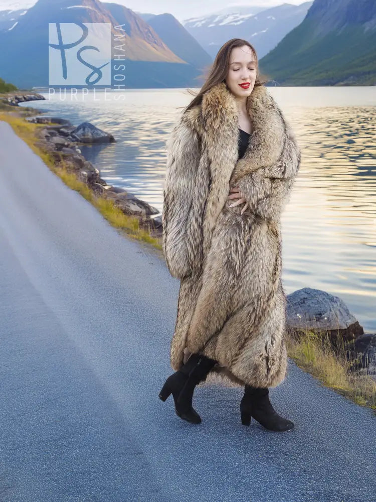 Long raccoon fur coat with shawl collar, open front, textured taupe-gray fur