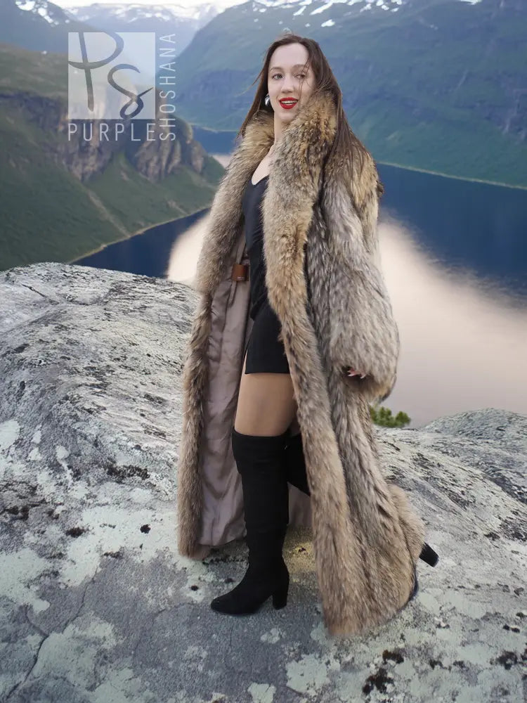 Raccoon fur coat, long tan-brown with shawl collar and full sleeves