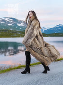 Raccoon fur coat with shawl collar, side pose, open front with long flowing fur.