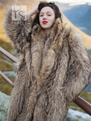 Raccoon fur coat with shawl collar detail, plush texture, open front