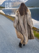 Long raccoon fur coat with shawl collar, textured fur, open front, back view
