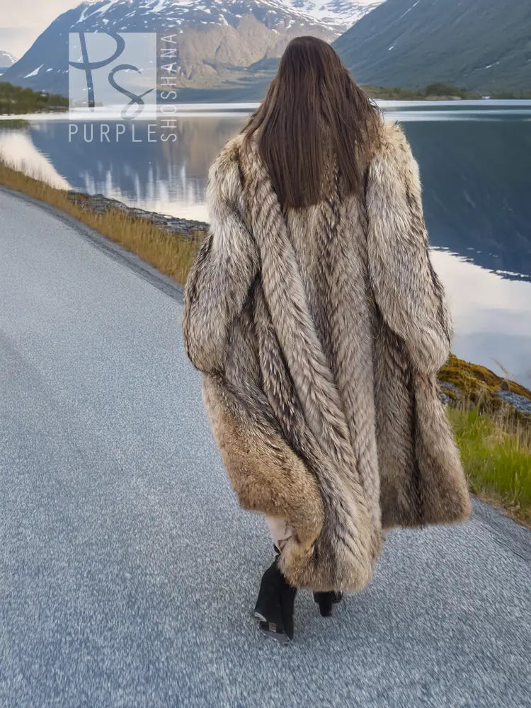 Long raccoon fur coat with shawl collar, textured fur, open front, back view