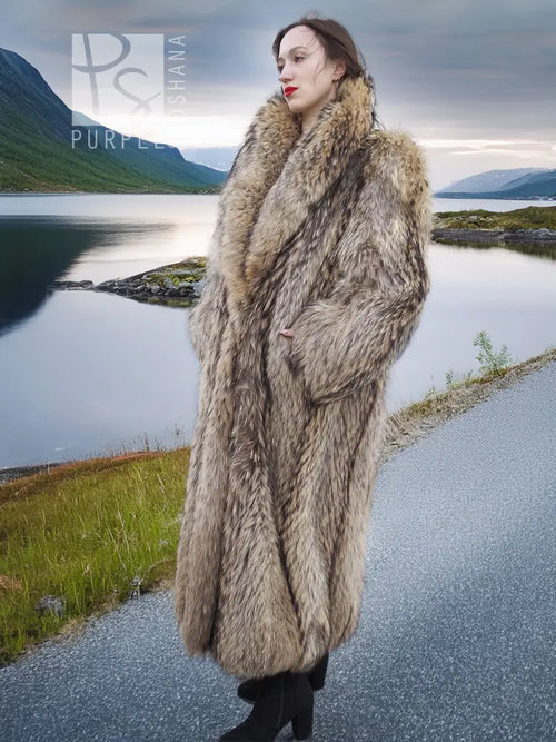Long raccoon fur coat with shawl collar, textured fur, open front