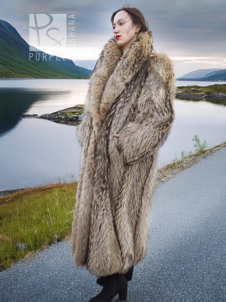 Long raccoon fur coat with shawl collar, textured fur, open front