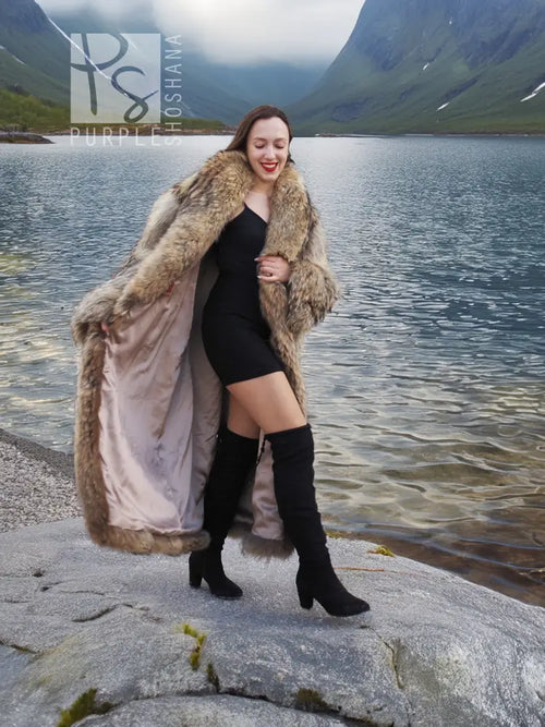 Long raccoon fur coat with shawl collar, taupe-brown, open front