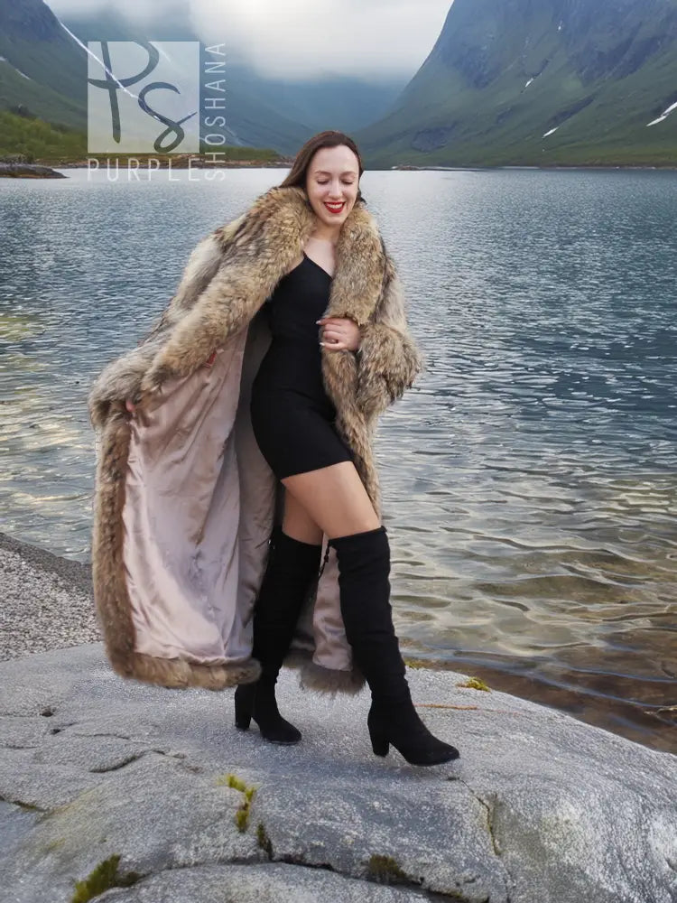 Long raccoon fur coat with shawl collar, taupe-brown, open front