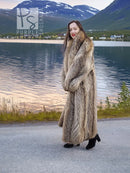 Raccoon fur coat with shawl collar, full-length side view, long sleeves, tan texture.
