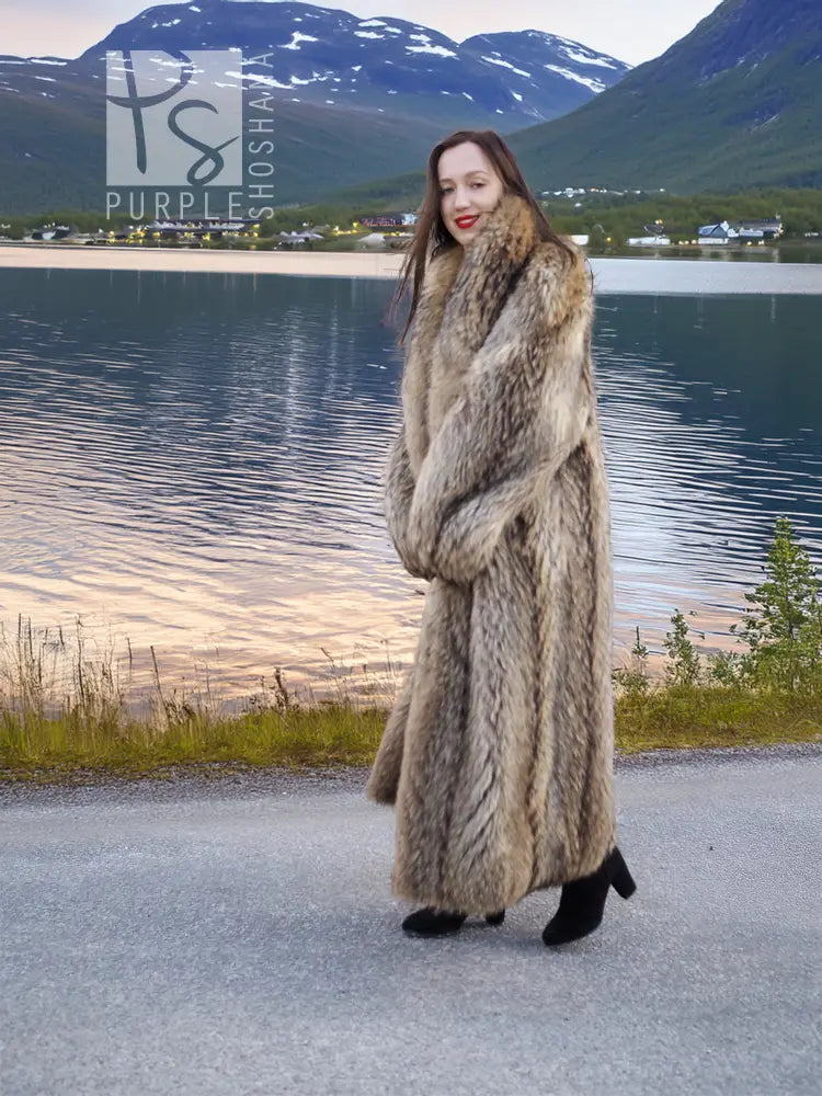 Raccoon fur coat with shawl collar, full-length side view, long sleeves, tan texture.