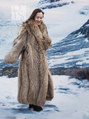 Tan-brown raccoon fur coat with shawl collar, long open front