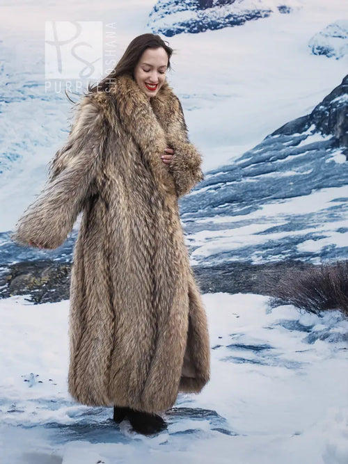 Tan-brown raccoon fur coat with shawl collar, long open front
