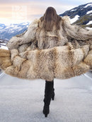 Long raccoon fur coat with shawl collar, wide sleeves, open front
