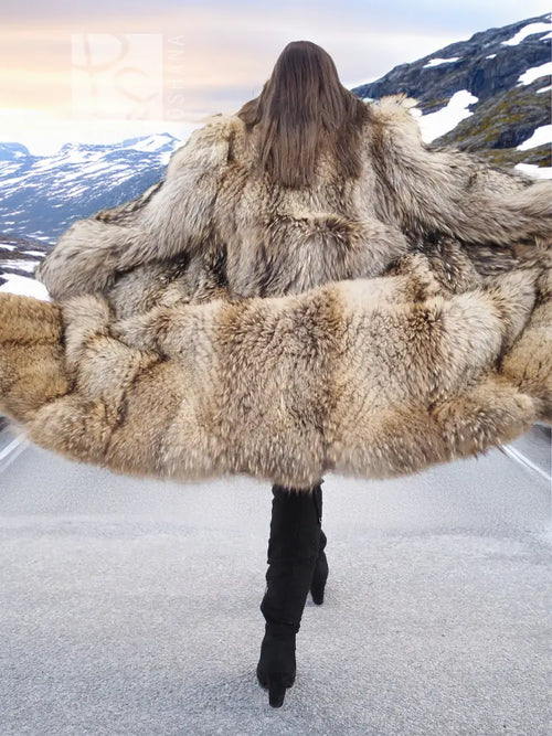 Long raccoon fur coat with shawl collar, wide sleeves, open front