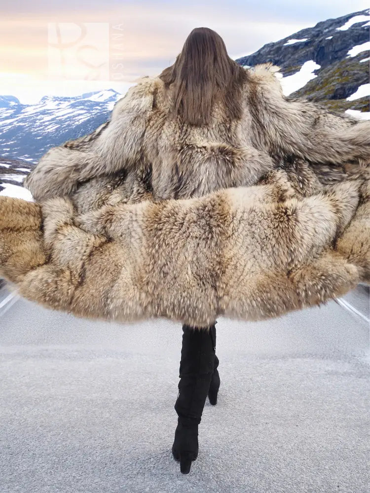 Long raccoon fur coat with shawl collar, wide sleeves, open front