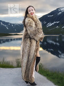Long raccoon fur coat with shawl collar, relaxed fit, open front