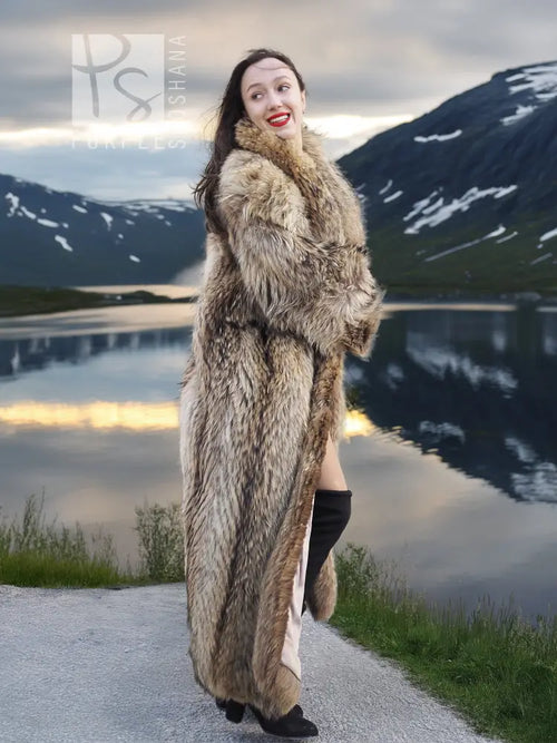 Long raccoon fur coat with shawl collar, relaxed fit, open front