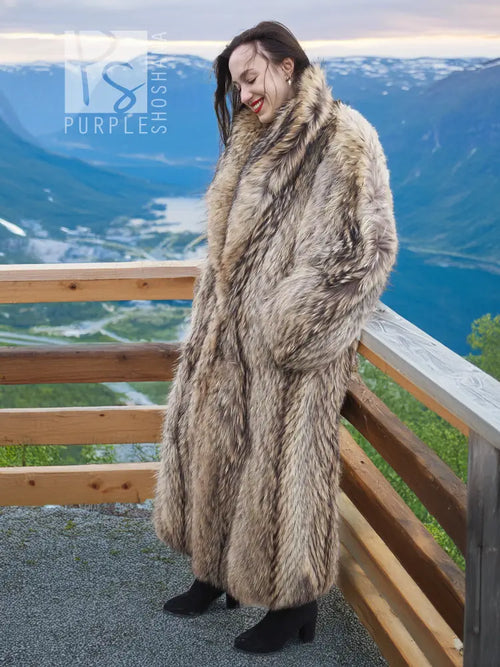 Long raccoon fur coat with shawl collar, tan-brown textured fur