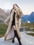 Long raccoon fur coat with shawl collar, open front, side flare hem