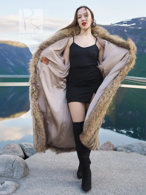 Long raccoon fur coat with wide shawl collar, open front, soft lining