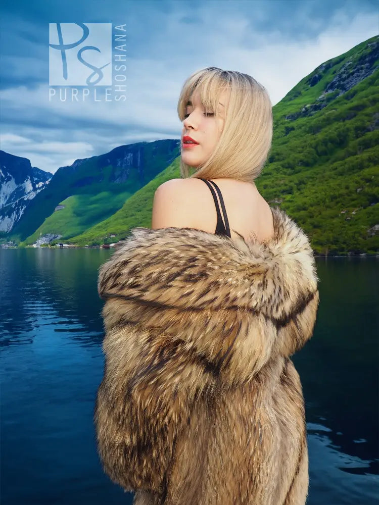 Raccoon fur coat with oversized hood and high collar, tan and brown striped texture