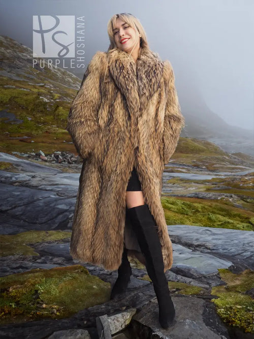 Hooded raccoon fur coat in warm brown with textured long pile and wide sleeves