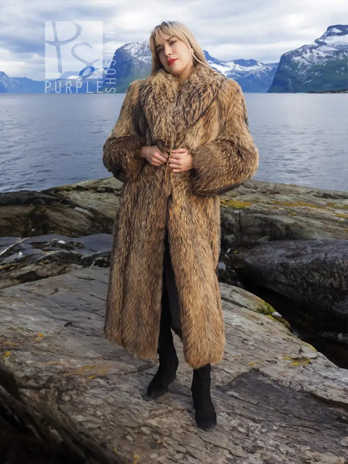 Long brown raccoon fur coat with full-length sleeves and open front