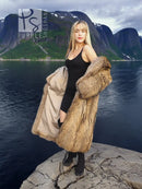Hooded raccoon fur coat in light brown with thick fur collar and long open front