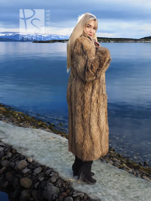 Brown raccoon fur coat with hooded collar in side profile