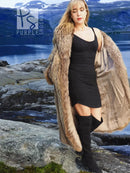 Long raccoon fur coat with hood and open front in tan-brown textured fur