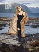 Tan-brown hooded raccoon fur coat with open front and plush collar, long length