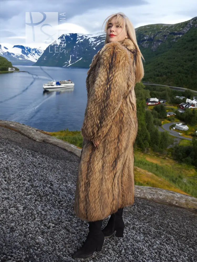 Long hooded raccoon fur coat in tan-brown with open front and full-length hem