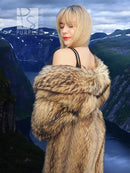 Brown raccoon fur coat with draped wide collar and long sleeves