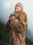 Brown raccoon fur coat with large hood and plush shawl-like shoulder wrap